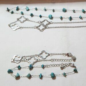 Double necklace & bracelet set silver tone & faux turquoise costume NWOT